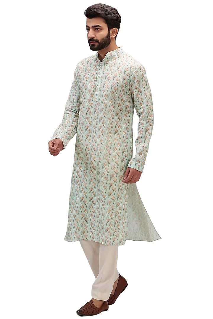 LookMark Mens Printed Cotton Blend Long Kurta Suit For All Indian Weddings, Occasions And Festivals, Green, Medium