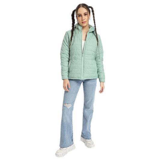 Bewakoof Women Solid Green Full Sleeve Hooded Jacket