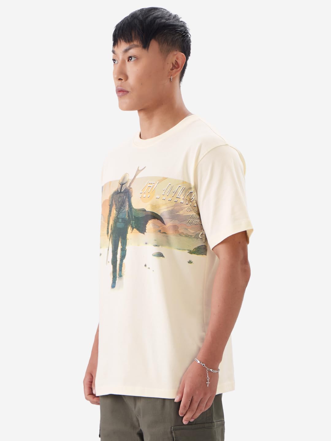 The Souled Store Official Star Wars: Mando Men and Boys Short Sleeve Round Neck Yellow Graphic Printed Cotton Regular T-Shirt