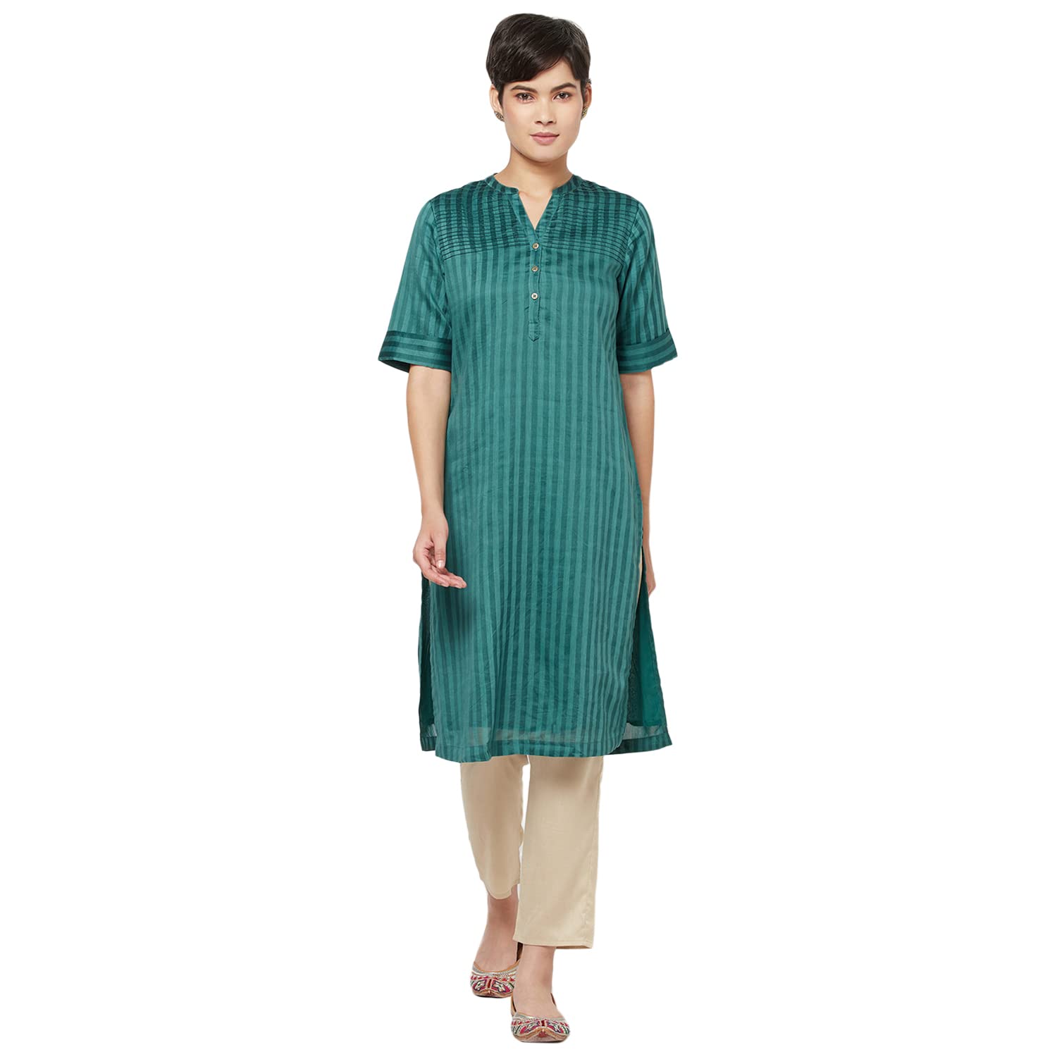 Fabindia Women Silk Straight Knee Length Kurta Cotton_Peach