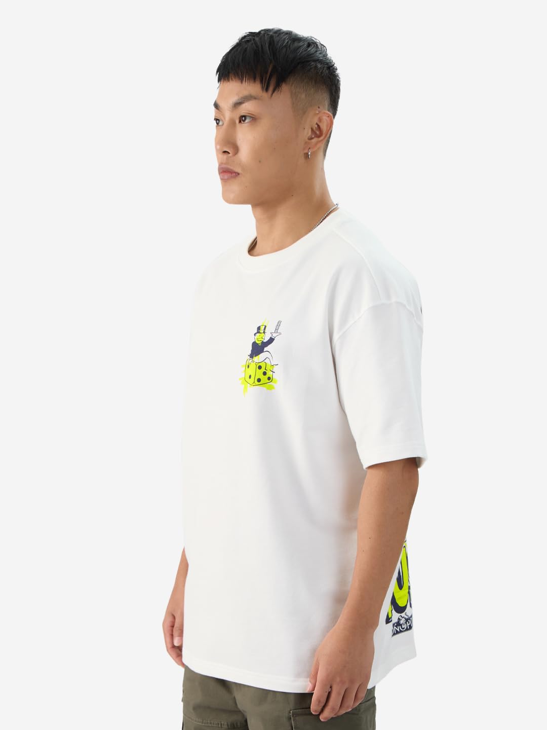 The Souled Store Official Monopoly: Hustlin Men and Boys Short Sleeve Round Neck White Graphic Printed Cotton Oversized T-Shirt