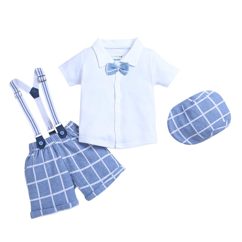 BUMZEE Sky Blue & White Boys Half Sleeves Shirt & Short Set With Bow Suspender & Cap Age - 18-24 Months - Cotton