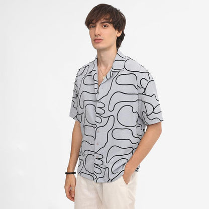 Campus Sutra Mens Cloud Grey Abstract-Lined Oversized Shirt for Casual Wear | Cuban Collar | Short Sleeve | Button Closure | Ov