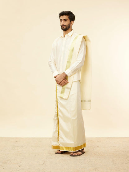 Manyavar Mens Cream Art Silk Solid Kurta Veshti Set