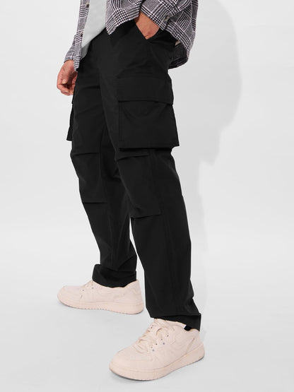The Souled Store Solids: Ink Black Men and Boys Buttoned Cotton Straight Fit Parachute Pants