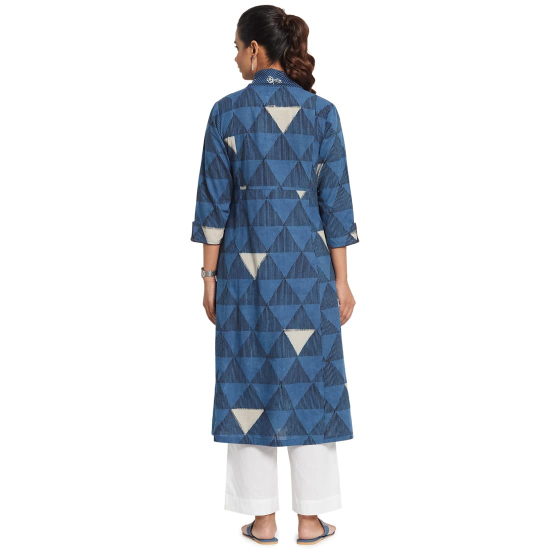Fabindia Women Printed Straight Long Kurta Cotton_Blue