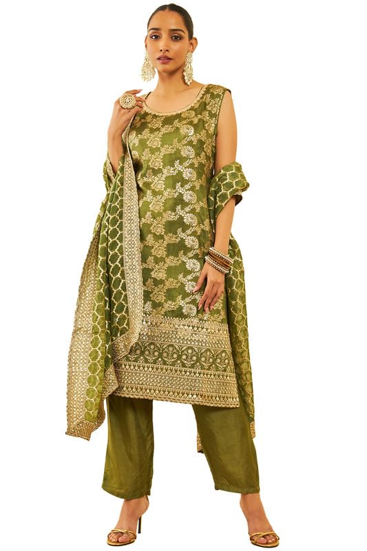 Soch Womens Green Silk Blend Brocade Patterned Suit Set With Sequins