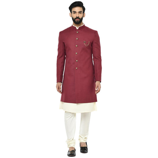 Kisah Men Maroon Solid Kurta Indo-Western Sherwani Set Indo-Western, Full Sleaves, Knee Length, Straight, Regular Fit, Mandarin