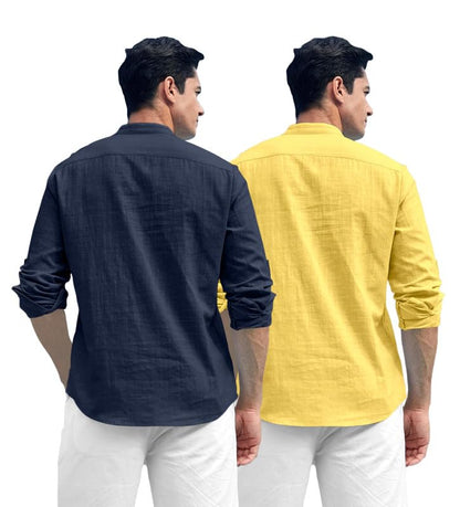 Royalscout Combo Of MenS Solid Cotton Blend Full Sleeve Straight Kurta Shirt (Pack Of 2) Navy-Yellow