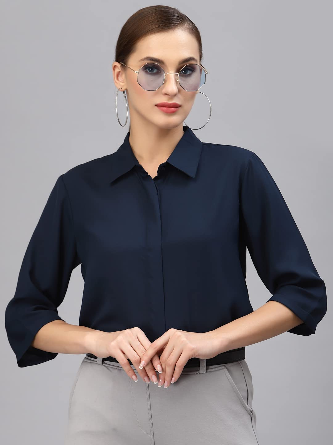 Style Quotient Women Solid Navy Polymoss Regular Formal Shirt