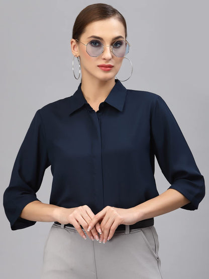 Style Quotient Women Solid Navy Polymoss Regular Formal Shirt