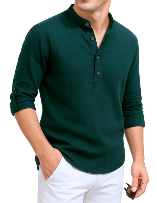 Deelmo MenS Cotton Blend Solid Regular Fit Full Sleeve Short Kurta | MenS Trendy Short Kurta Dark Green