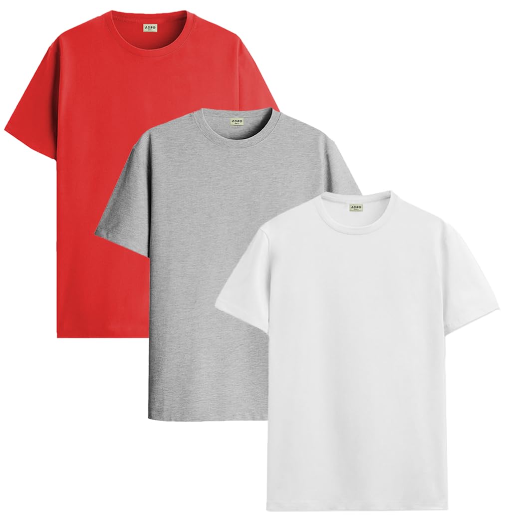 ADRO Mens Solid Regular Fit T-Shirt (RCM3-PLN-RD-WH-GR_Red,White,Grey