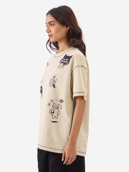 The Souled Store Ted The Stoner: Cat Displaced Women and Girls Short Sleeves Round Neck Brown Graphic Printed Cotton Oversized T