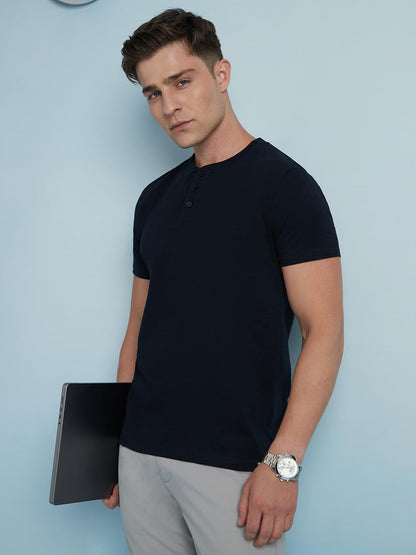 Dennis Lingo Men Cotton Slub Regular Fit Solid T-Shirts Navy Blue