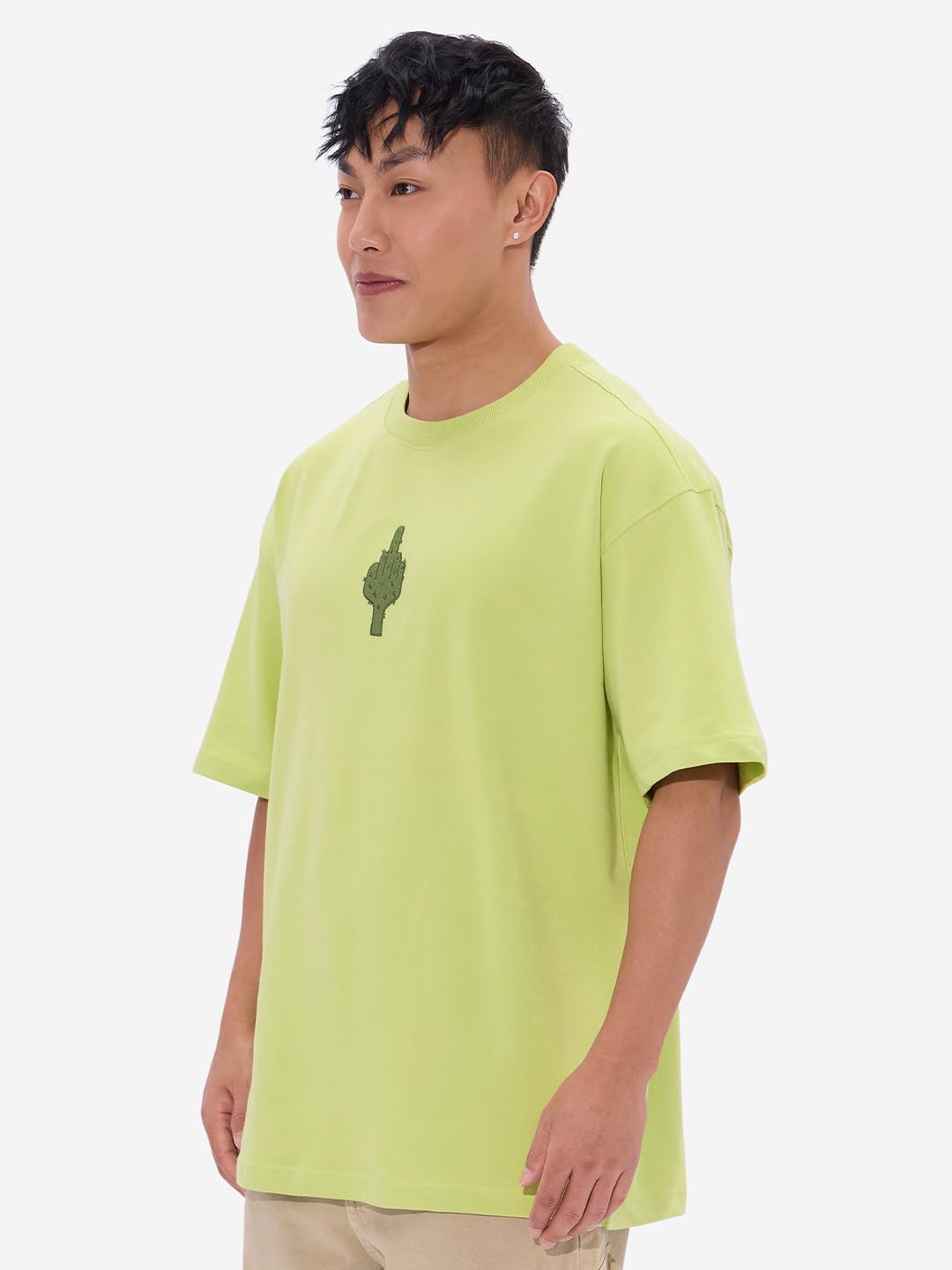 The Souled Store Cactus Men and Boys Short Sleeves Round Neck Green Embroidery Cotton Oversized T-Shirts
