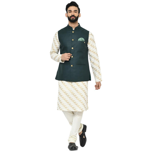 Kisah Men Green Gold Printed Kurta With Churidar Nehru Jacket, Full Sleaves, Knee Length, Straight, Regular Fit, Mandarin Collar