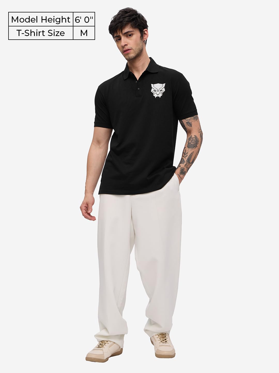The Souled Store Black Panther: Logo Men and Boys Short Sleeves Collared Neck Black Embroidered Regular Fit Cotton Polos