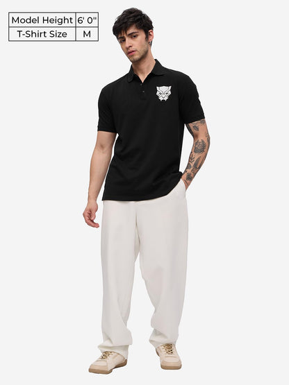 The Souled Store Black Panther: Logo Men and Boys Short Sleeves Collared Neck Black Embroidered Regular Fit Cotton Polos