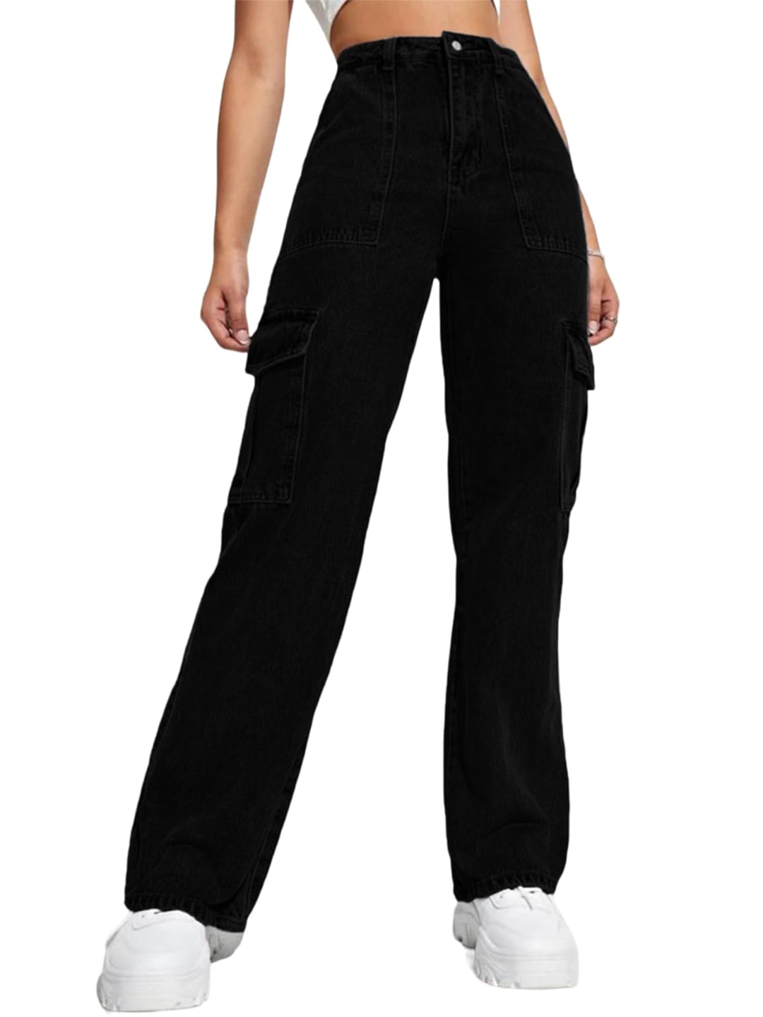 Kotty WomenS High Rise Solid Cotton Blend Stylish Cargo Jeans(Black,28)