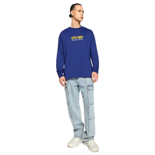 Bewakoof Mens Lets Fight Graphic Print Cotton T-Shirt- Oversized Fit, Round Neck, Full Sleeves 581130_Blue_XL