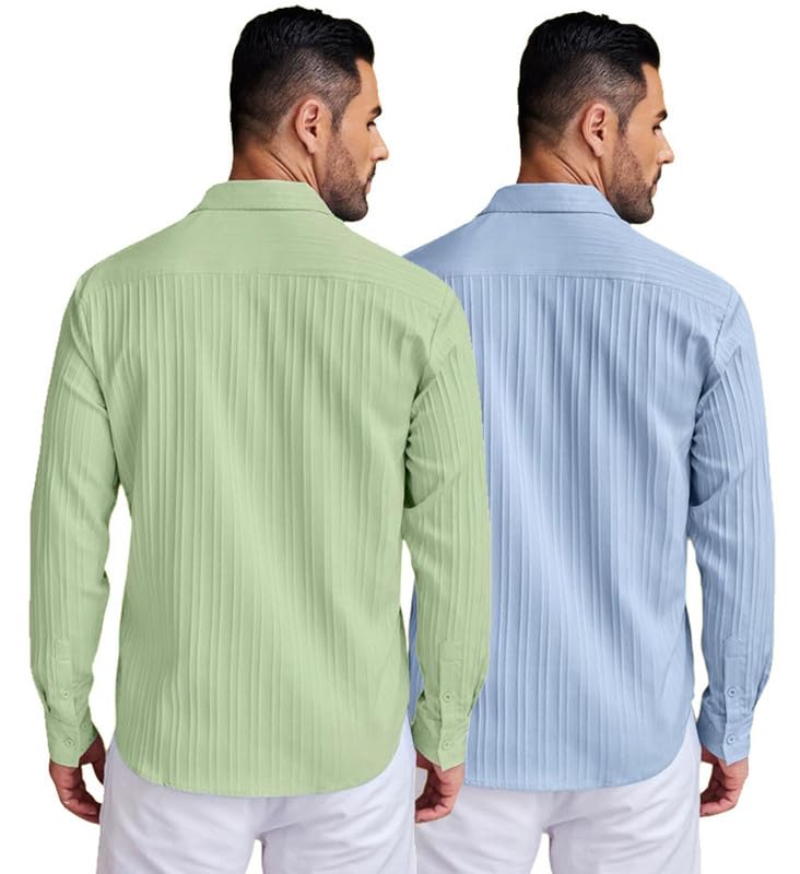 Deelmo Combo Of MenS Casual Button Down Shirts Long Sleeve Linen Shirt Fashion Textured Summer Shirts Pack Of 2