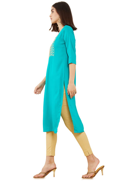 Soch Women Blue Rayon Embroidered Kurta