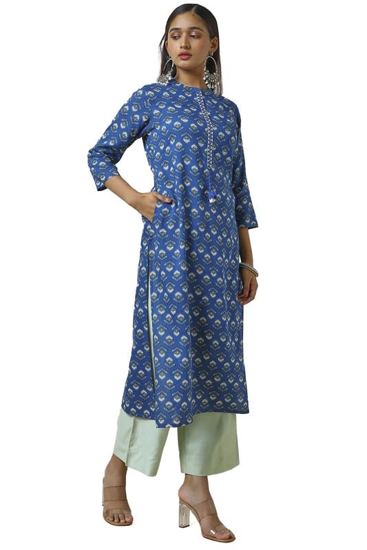 Soch Womens Blue Rayon Floral Print Kurta with Faux Mirror