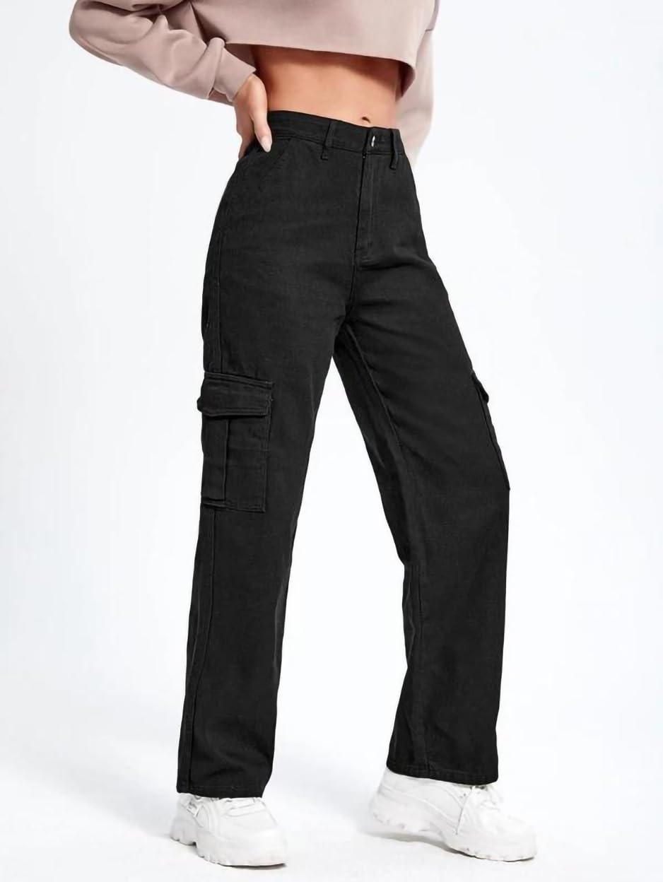 Kotty WomenS Solid High Waist Relaxed Fit Cotton Lycra Blend Cargo Jeans Jet Black