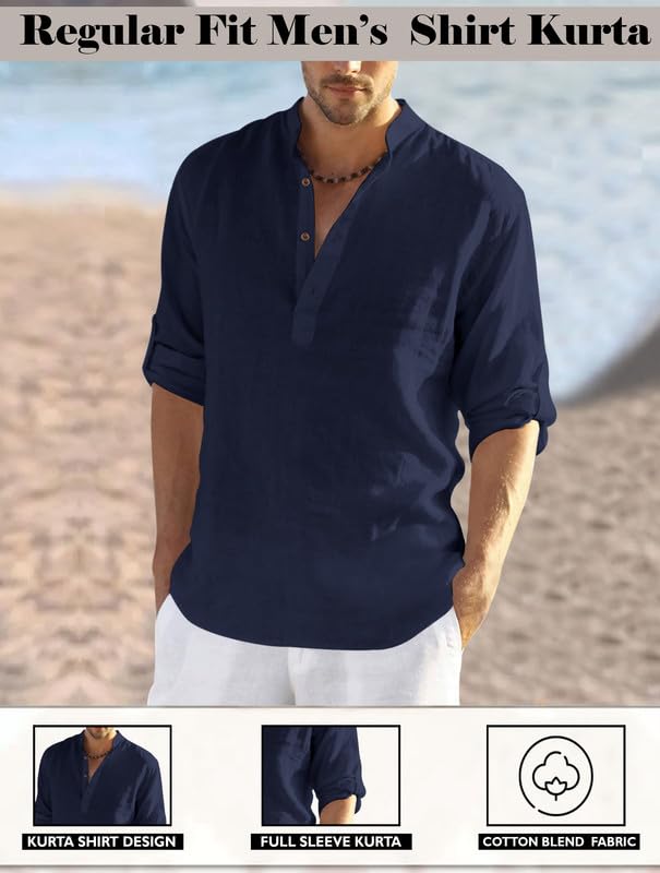Finivo Fashion MenS Full Sleeve Short Kurta Shirt With A Trendy Mandarin Collar Crafted From A Premium Cotton Polyester Blend N