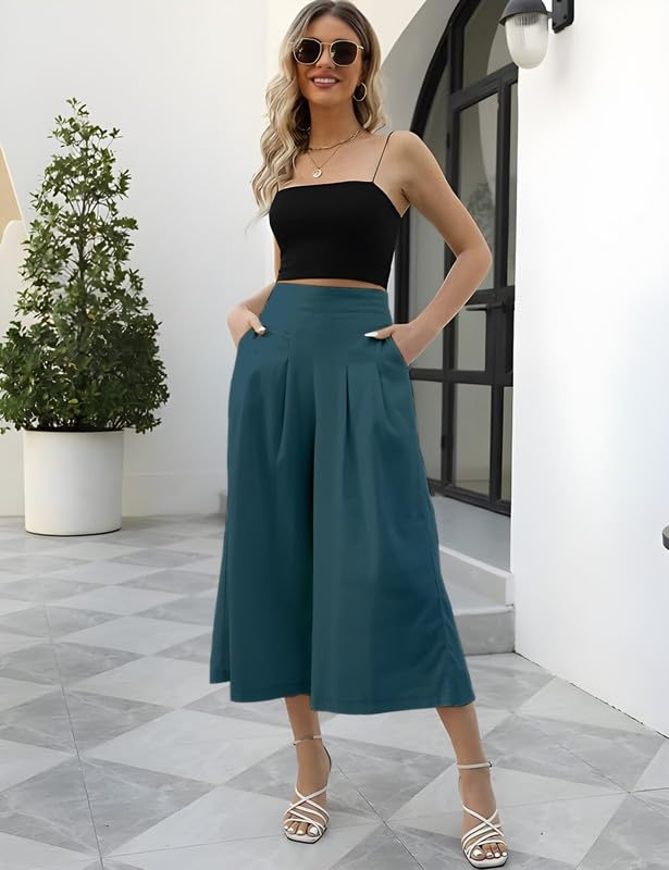 OOMPH! Cotton Linen Palazzo Pant for Women | Womens High Rise High Waist Trousers Flowy Wide Leg Plazzo Pant Trouser with Pocke