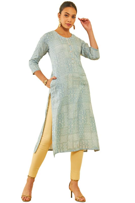 Soch Womens Onion Pink Rayon Floral Foil Printed Kurta with Gotta Patti