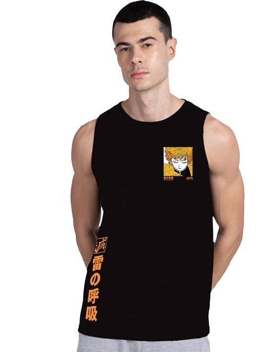 Bewakoof Mens Thunder Breathing Zenitsu Graphic Print Cotton Vest- Regular Fit, Round Neck, Sleeveless 577649_Black_XL