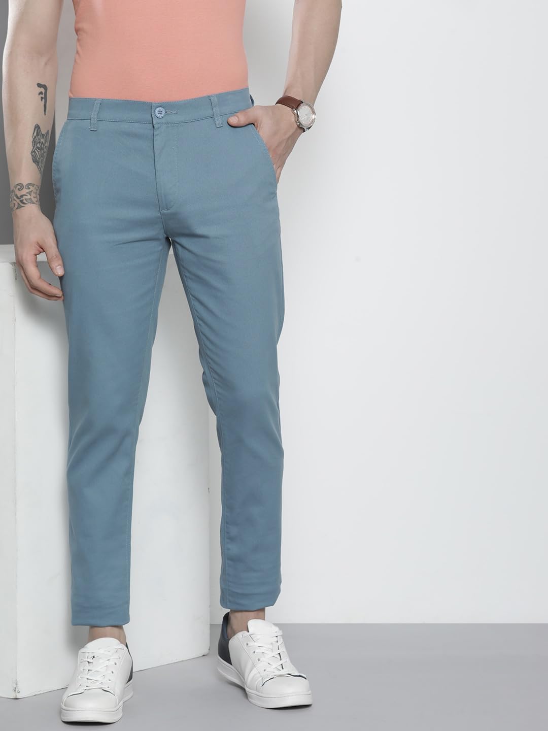 The Indian Garage Co Men Slim Fit Solid Mid-Rise Stretchable Chinos Steel Blue