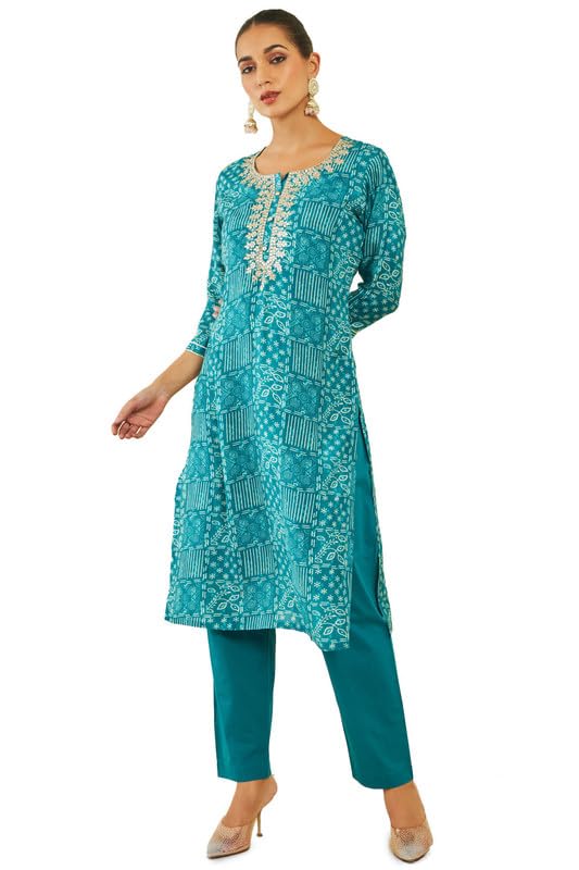 Soch Womens Blue Muslin Kurta Set with Geometric Print and Embroidery