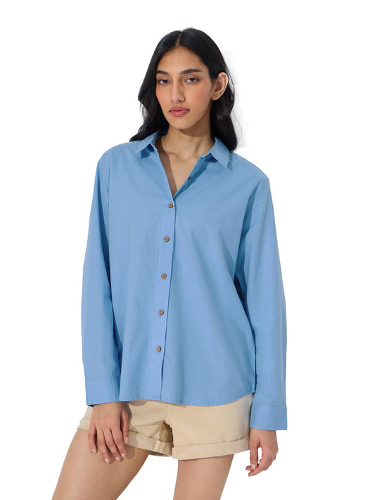 The Souled Store Cotton Linen: Beach Blue Women and Girls Long Sleeves Collared Neck Button Front Blue Embroidered Cotton Linen