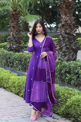 GoSriKi Womens Cotton Blend Anarkali Embroidered Kurta with Pant & Dupatta (GSK-Purple-GS_L_Purple_Large)