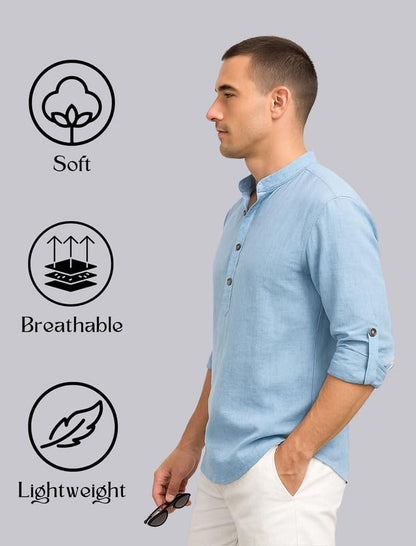 Deelmo MenS Cotton Blend Solid Regular Fit Full Sleeve Short Kurta | MenS Trendy Short Kurta Sky