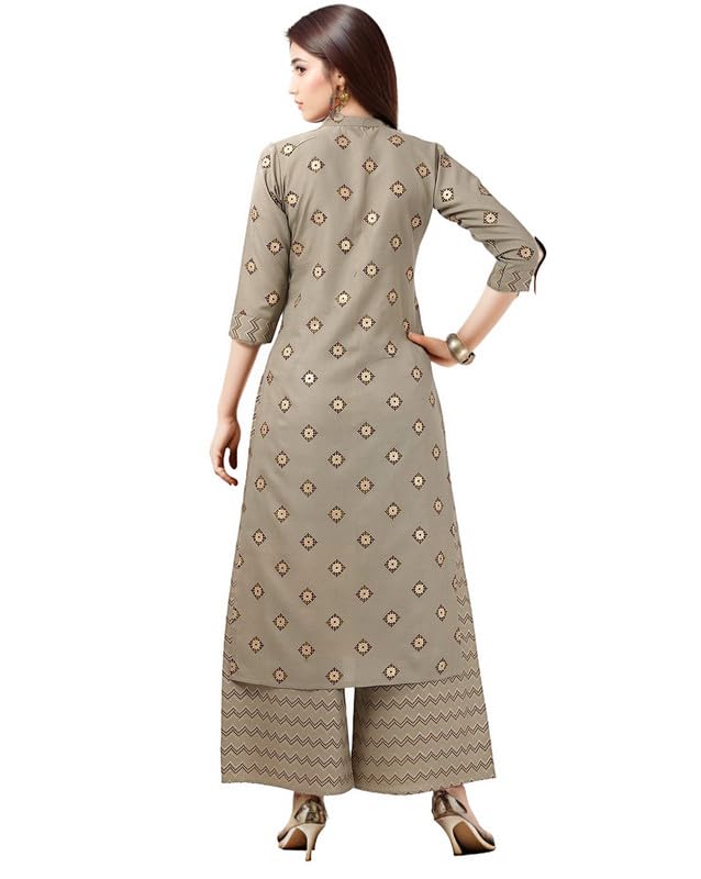 SMOWKLY Premium Womens Cotton Blend Motif Chevron Print Kurta Palazzo Set || Regular Fit 3/4 Sleeve Chinese Collar || Modern Et