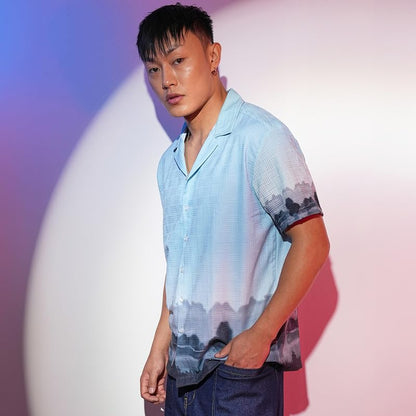 Campus Sutra Mens Sky Blue & Space Blue Lakeside Ombre Shirt | Casual Wear | Cuban Collar | Short Sleeve | Button Closure | Shi