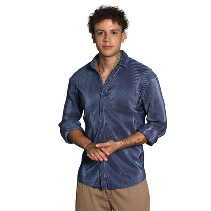 Campus Sutra Mens Navy Blue Textured-Pleat Shirt | Casual Wear | Spread Collar | Long Sleeve | Button Closure | Shirt Crafted w