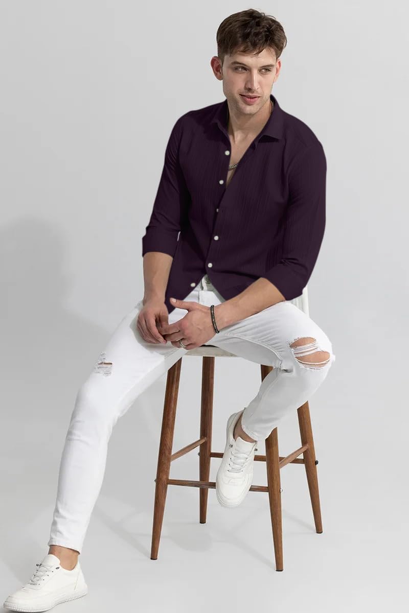 Finivo Fashion MenS Cotton Casual Plain Button Down Shirts Long Sleeve Textured Summer Beach Shirt For Men Purple