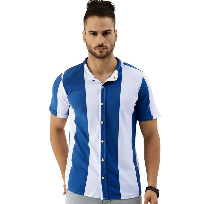 Campus Sutra Mens Chalk White & Royal Blue Balanced Striped Shirt for Casual Wear | Mandarin Collar | Short Sleeve | Button Clo