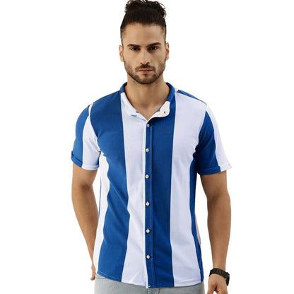 Campus Sutra Mens Chalk White & Royal Blue Balanced Striped Shirt for Casual Wear | Mandarin Collar | Short Sleeve | Button Clo