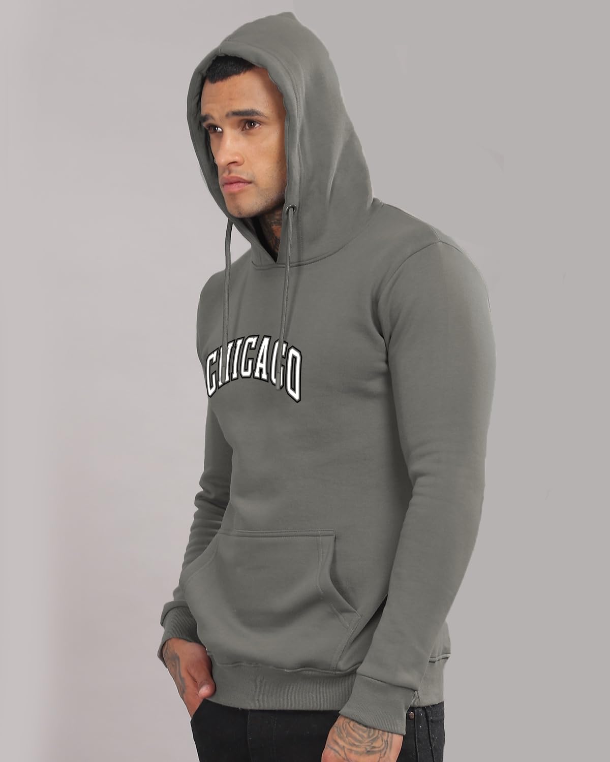 ADRO Men's Cotton Neck Hooded Sweatshirt (H24-CAGO-SG_Steel Grey