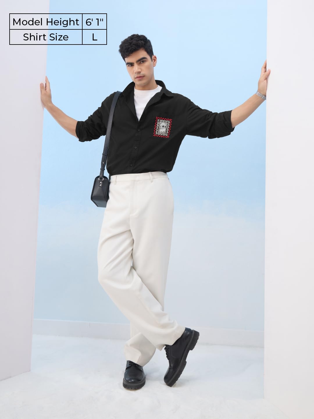 The Souled Store Relaxed Shirt: Souled Original Men and Boys Long Sleeves Collared Neck Button Front Black Embroidered Relaxed F