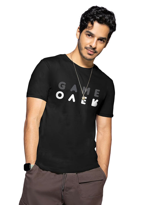 Bewakoof Mens Game Over Minimal Typography Black Henley Neck Half Sleeve T-Shirt