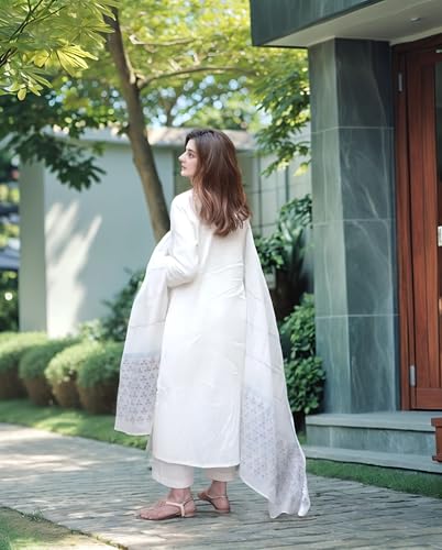 ANNI DESIGNER Women's Printed Straight Kurta with Pants & Dupatta, Large, White, Model MIRAI WHITE-VKS02
