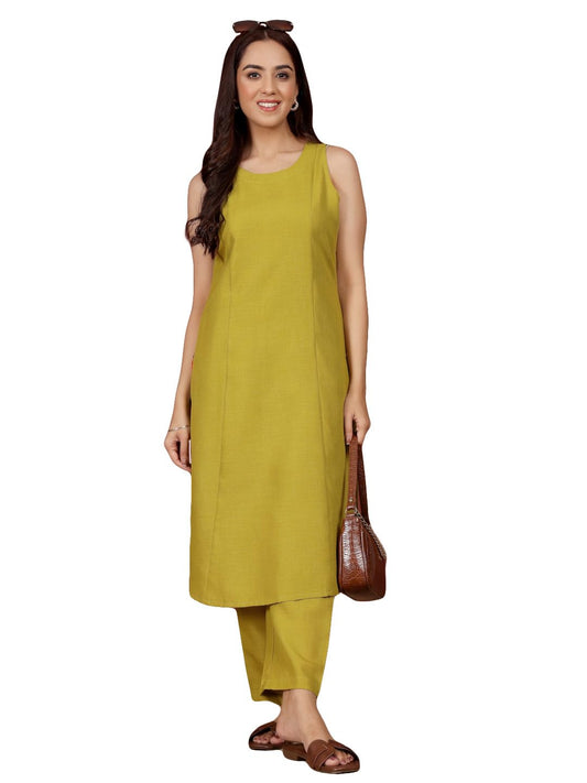 Varanga Women Round Neck Sleeveless Apple Hem, Heart Shaped Embroidered Kurta With Trouser