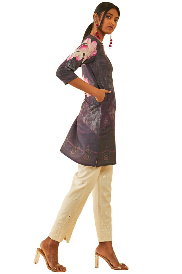 Soch Womens Purple Muslin Blend Floral Printed Kurta With Embellishment